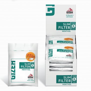 Gizeh Slim Filter 6mm Menthol Cigarette Filters, 1 box (10 bags) = 1 unit