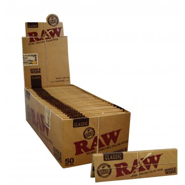 RAW Classic Single Wide Kurzes Zigarettenpapier Regular Ungebleicht, 1 Box (50 Heftchen) = 1 VE