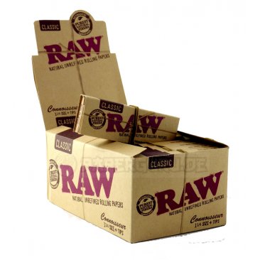RAW 1 1/4  Connoisseur papers + filter tips unbleached, 1 box = 1 unit