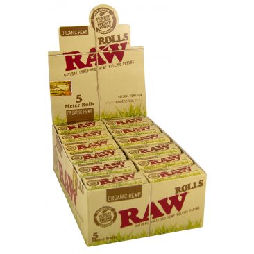 RAW ORGANIC Rolls Slim 5m length Unbleached rolling papers made from hemp, 1 box (24 rolls) = 1 unit